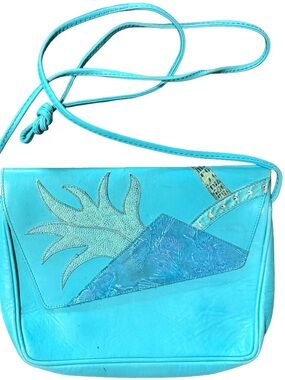 Vintage Paterson Teal Blue Leather Crossbody Bag with Decorative Flap
